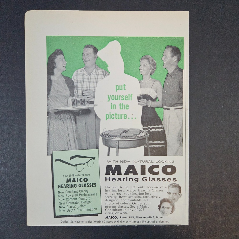1959 Maico Hearing Glasses Vintage Print Ad Minneapolis‎ MN Grilling Hot Dogs